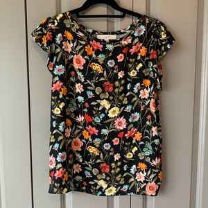 NWOT Loft floral and black mixed-media blouse. Size medium